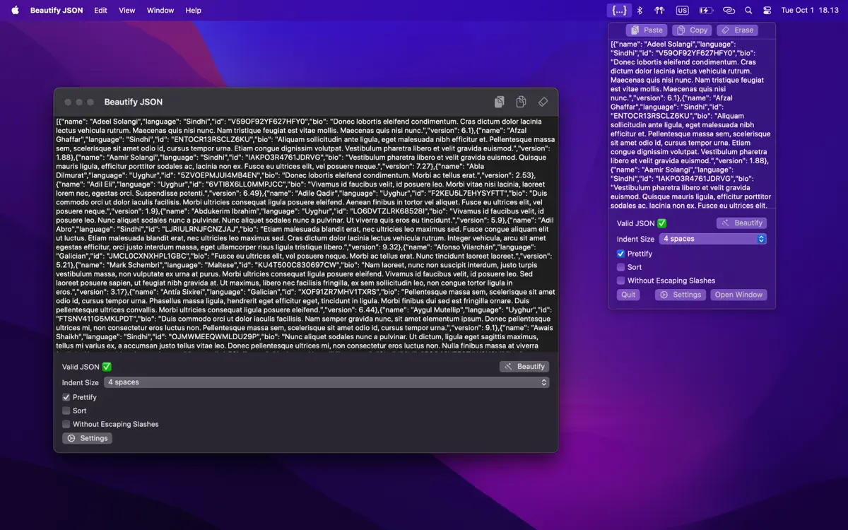 Beautify JSON: ScreenShot 1