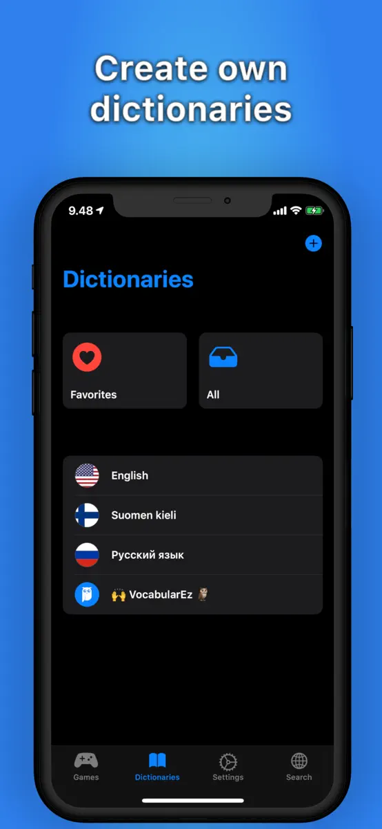 VocabularEz: Dictionaries screen dark