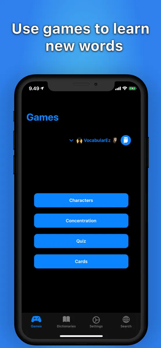 VocabularEz: Games home screen dark